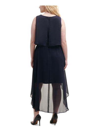 JESSICA HOWARD Womens Navy Zippered Ruffled Sheer Lined Sleeveless Round Neck Midi Evening Hi-Lo Dress Plus 20W
