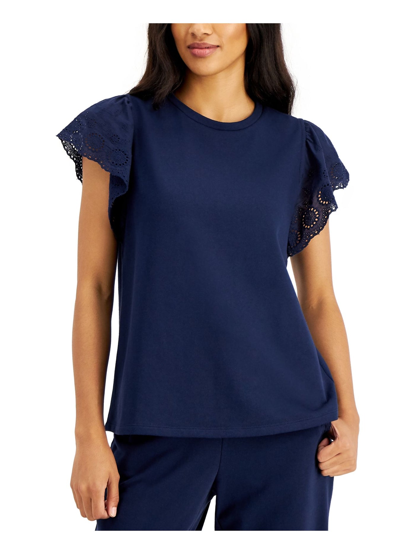 CHARTER CLUB Womens Blue Eyelet Flutter Sleeve Crew Neck Top L