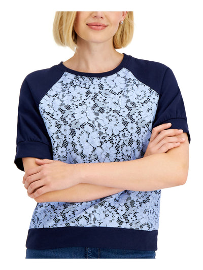 CHARTER CLUB Womens Blue Lace Baseball Style Short Sleeve Crew Neck Top XS