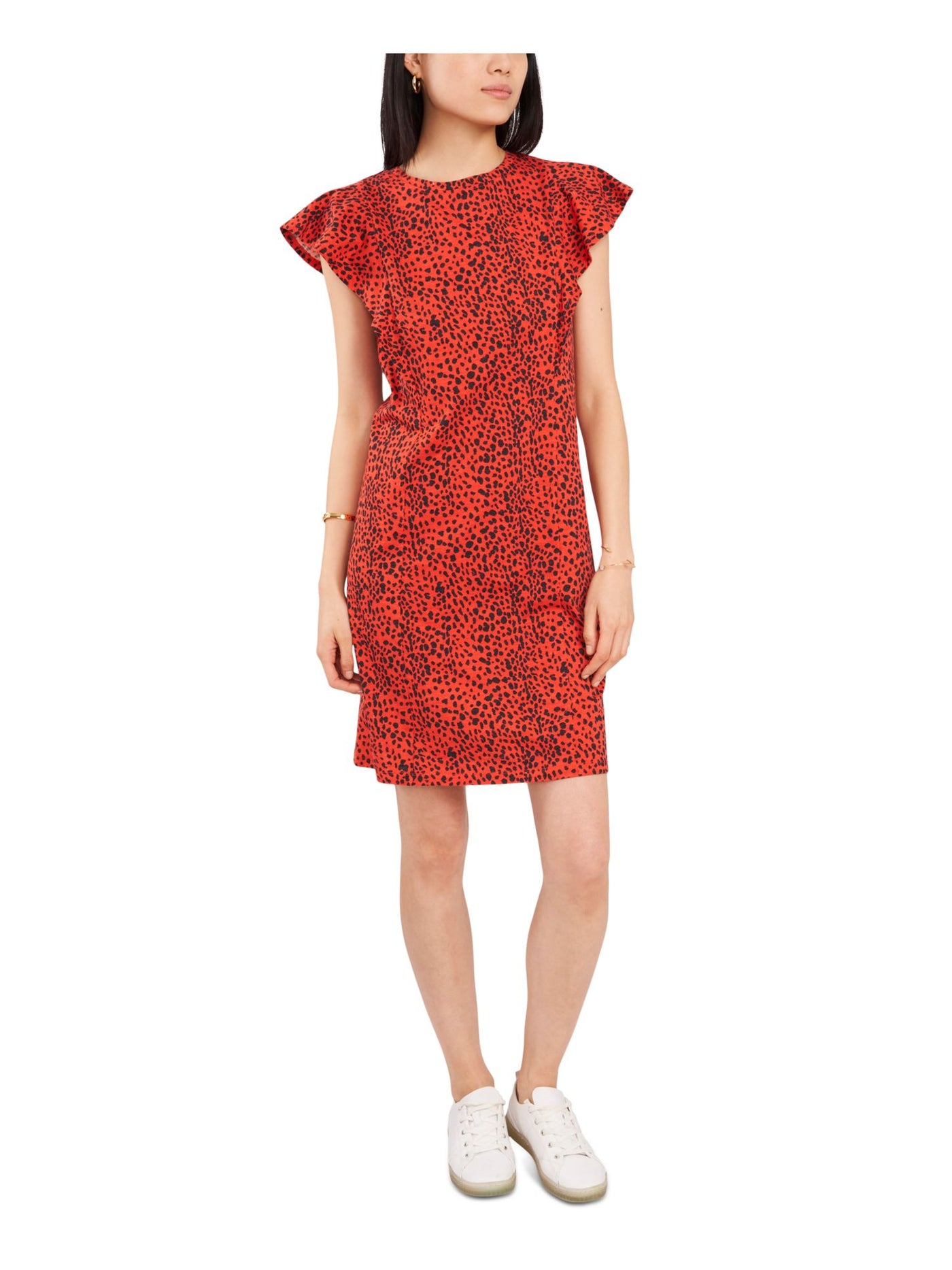 VINCE CAMUTO Womens Red Animal Print Flutter Sleeve Round Neck Short Party Dress XS