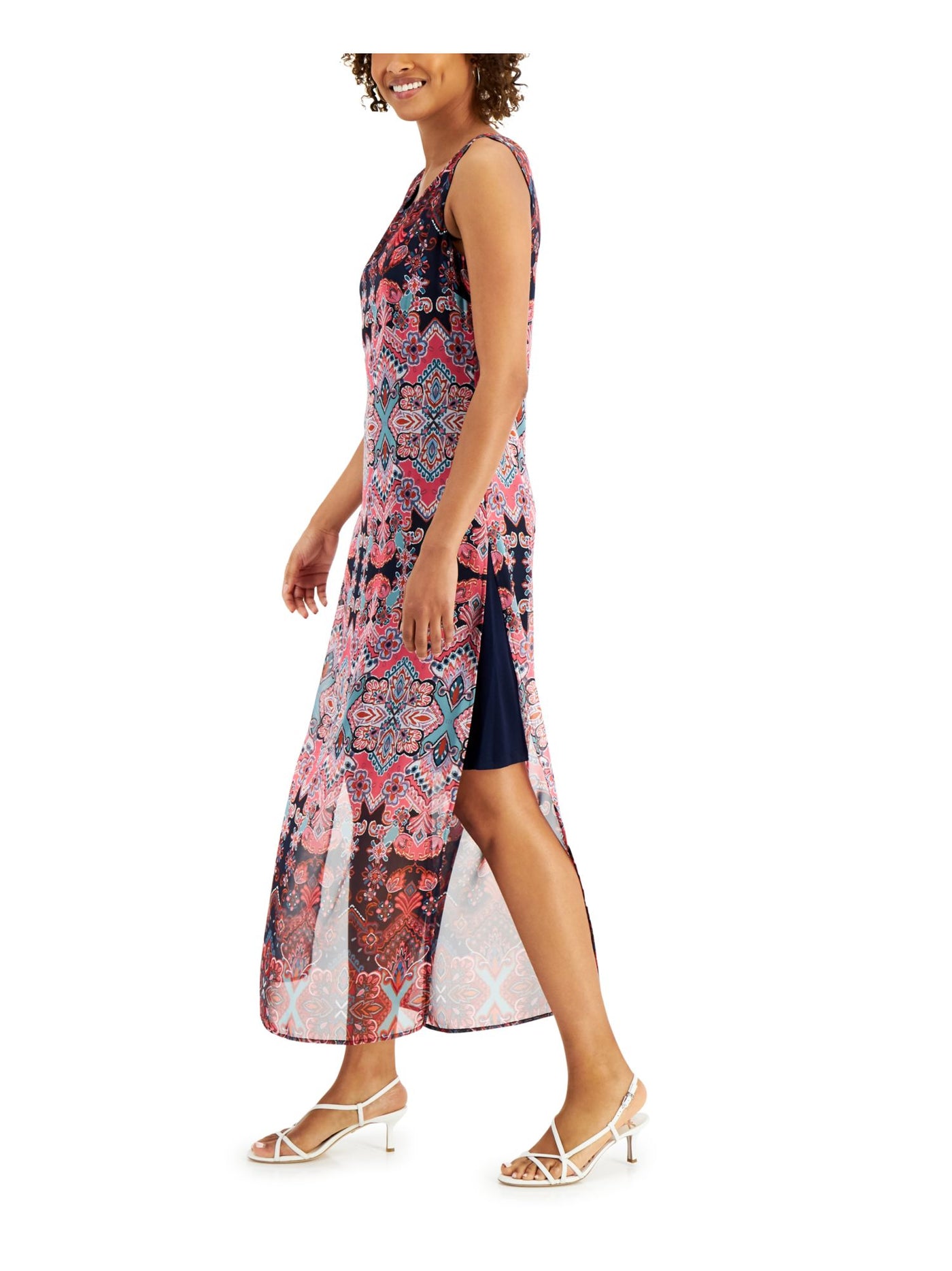 CONNECTED APPAREL Womens Navy Sheer Slitted Lined Keyhole Back Closure Printed Sleeveless Scoop Neck Maxi Shift Dress 12