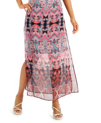 CONNECTED APPAREL Womens Navy Sheer Slitted Lined Keyhole Back Closure Printed Sleeveless Scoop Neck Maxi Shift Dress 8