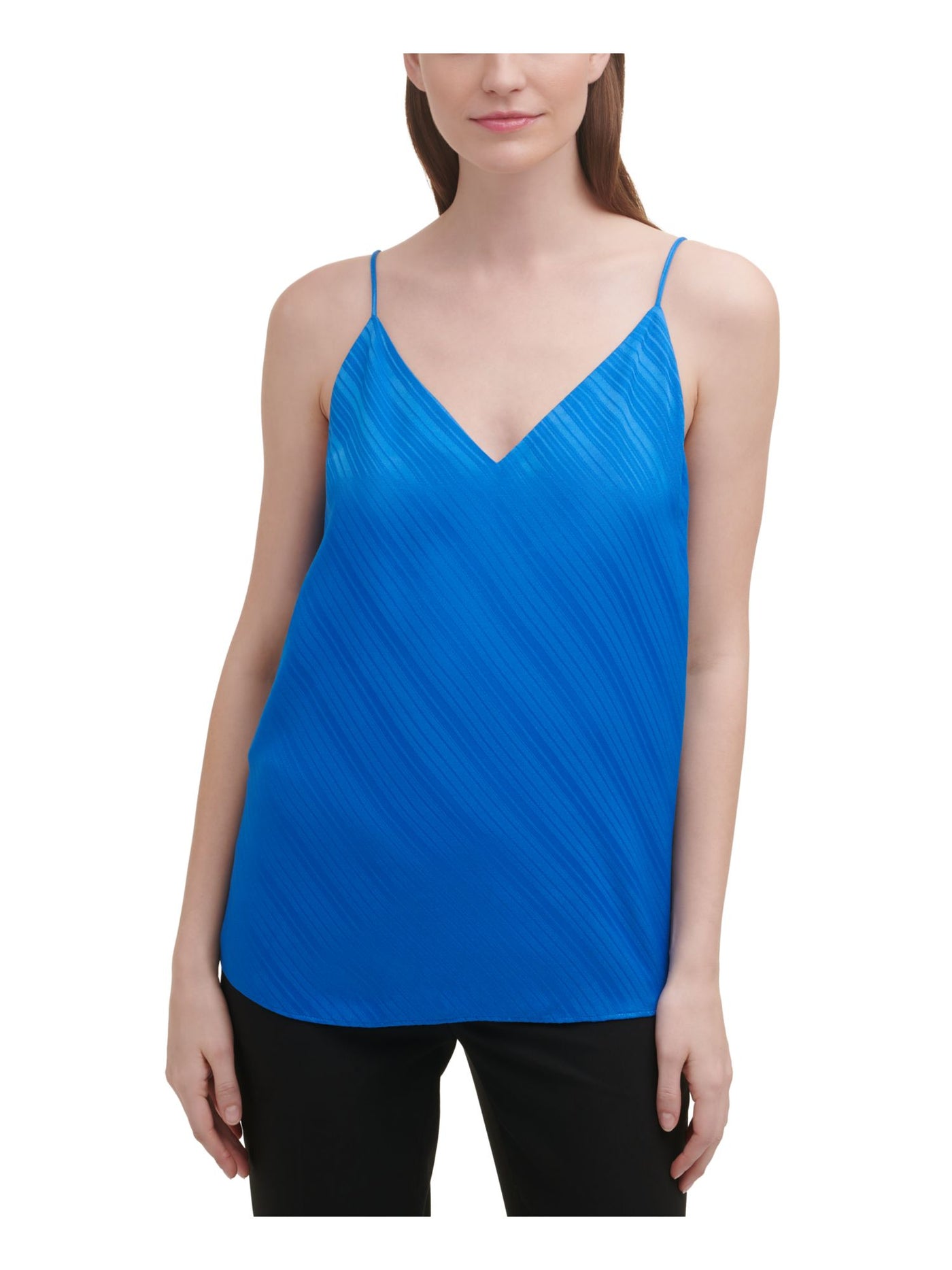 CALVIN KLEIN Womens Blue Lined Curved Hem Striped Spaghetti Strap V Neck Cami Top L