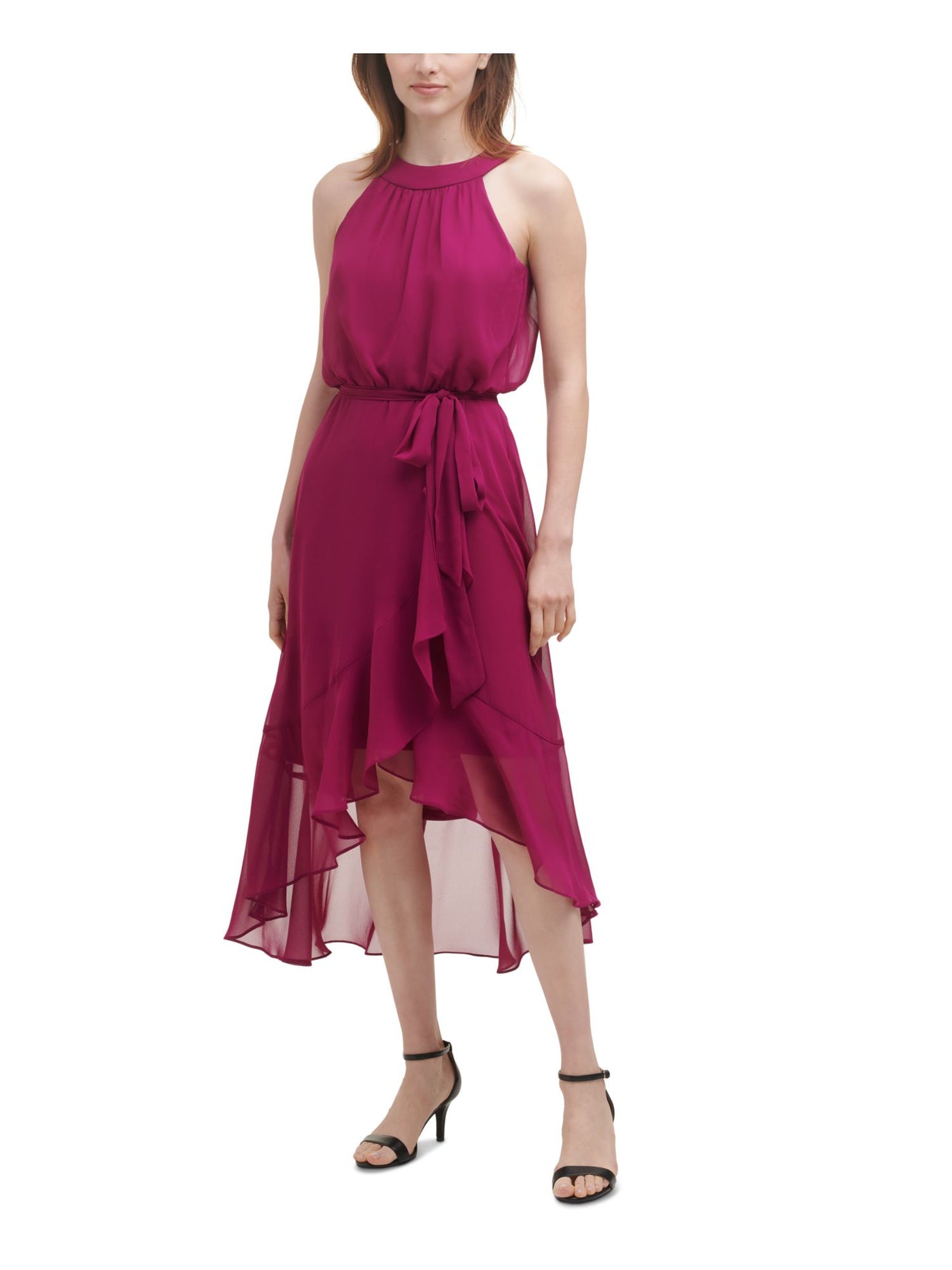 JESSICA HOWARD Womens Burgundy Zippered Pleated Chiffon Hi-lo Hem Sleeveless Halter Midi Party Fit + Flare Dress 16