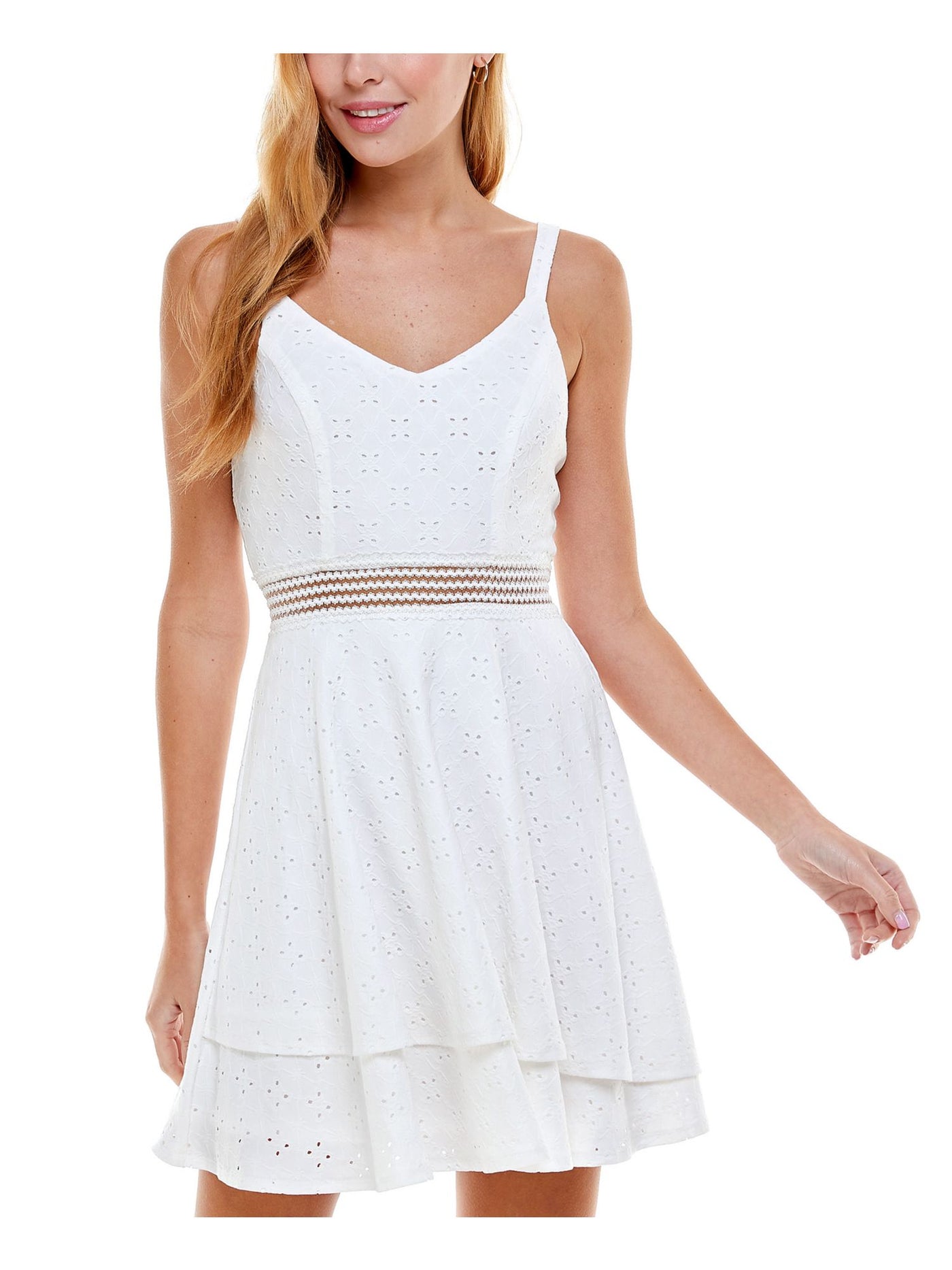 CRYSTAL DOLLS Womens White Stretch Eyelet Zippered Tiered Hem Illusion Waist Lined Sleeveless V Neck Mini Fit + Flare Dress 5