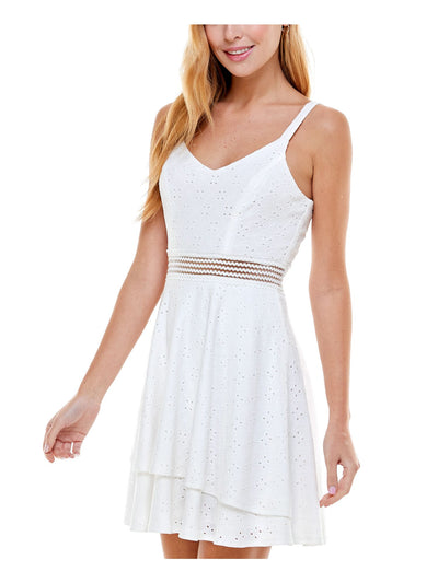 CRYSTAL DOLLS Womens White Stretch Eyelet Zippered Tiered Hem Illusion Waist Lined Sleeveless V Neck Mini Fit + Flare Dress 3