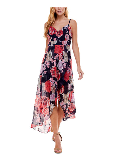 CRYSTAL DOLLS Womens Navy Sheer Zippered High-low Hem, Floral Spaghetti Strap Sweetheart Neckline Maxi Evening Empire Waist Dress 3