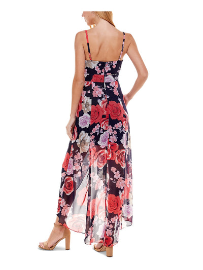 CRYSTAL DOLLS Womens Navy Sheer Zippered High-low Hem, Floral Spaghetti Strap Sweetheart Neckline Maxi Evening Empire Waist Dress 3