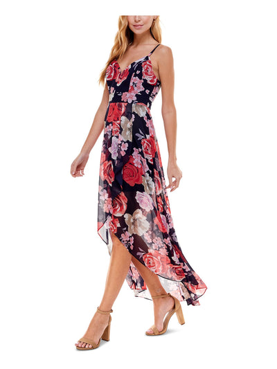 CRYSTAL DOLLS Womens Navy Sheer Zippered High-low Hem, Floral Spaghetti Strap Sweetheart Neckline Maxi Evening Empire Waist Dress 3