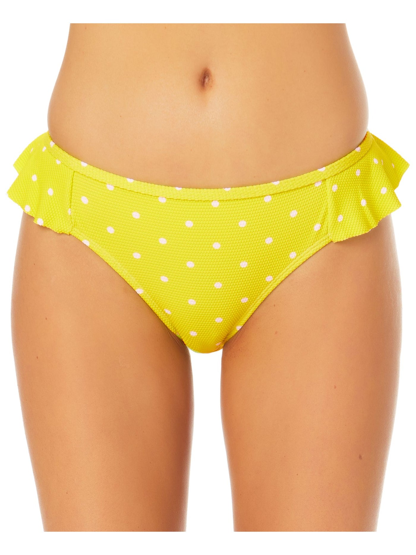 CALIFORNIA SUNSHINE Women's Yellow Polka Dot Stretch Ruffled Lined Bikini Moderate Coverage Textured Hipster Swimsuit Bottom M