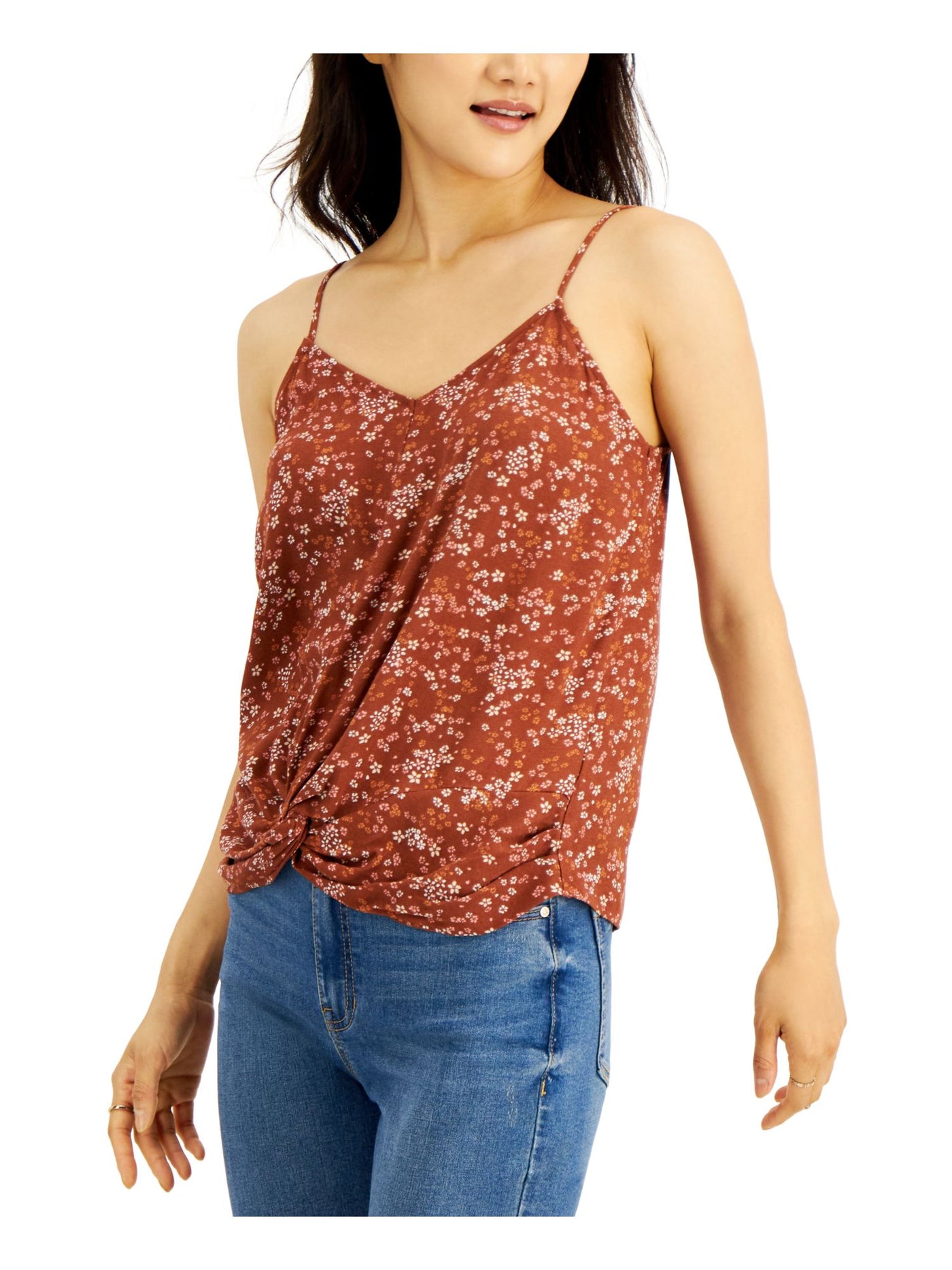 HIPPIE ROSE Womens Brown Twist Front Adjustable Straps Floral Spaghetti Strap V Neck Cami Top M