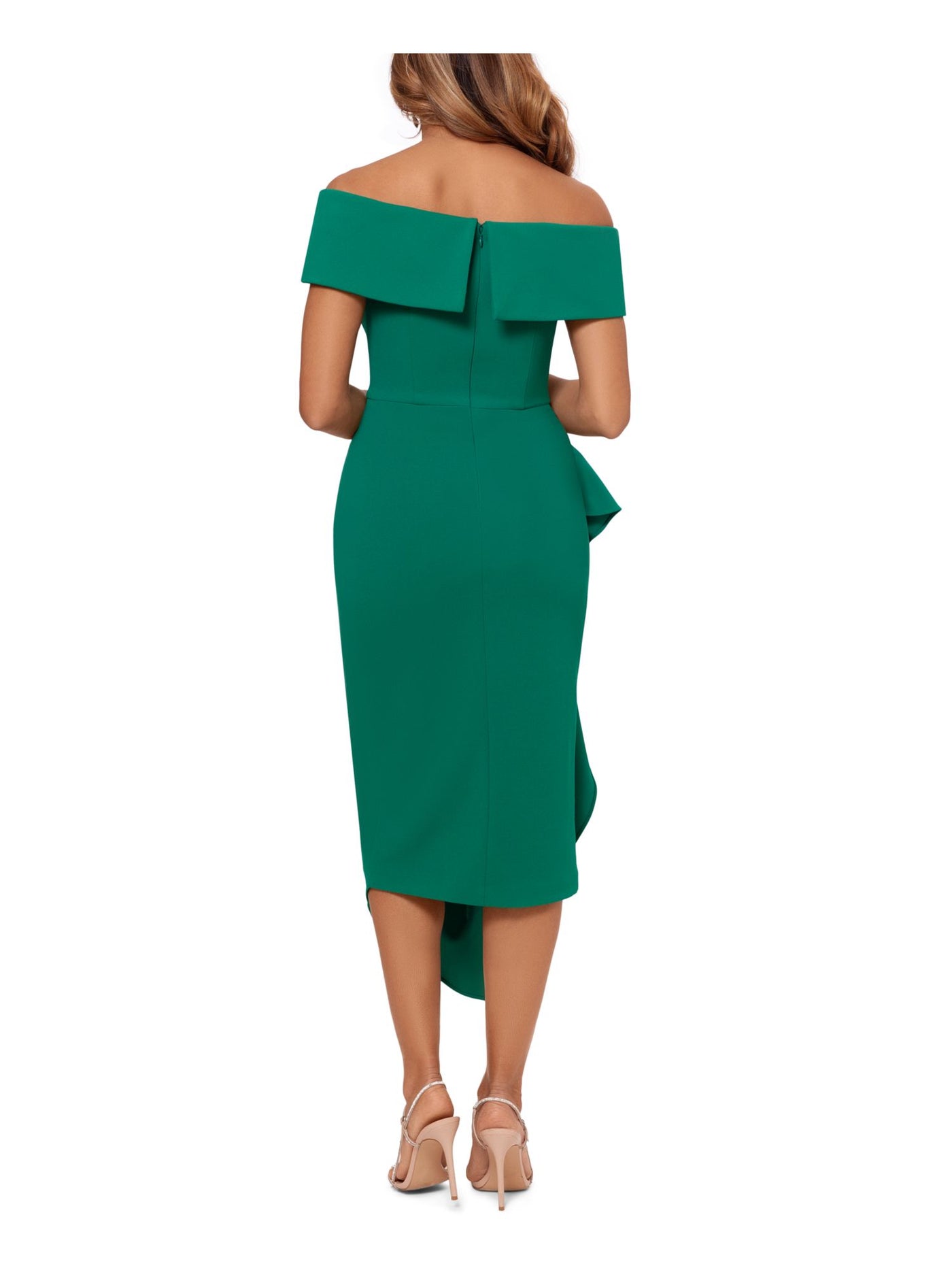 BETSY & ADAM Womens Green Zippered Ruffled Pleated Asymmetrical Hem Slit Pa Short Sleeve Off Shoulder Tea-Length Evening Sheath Dress 8