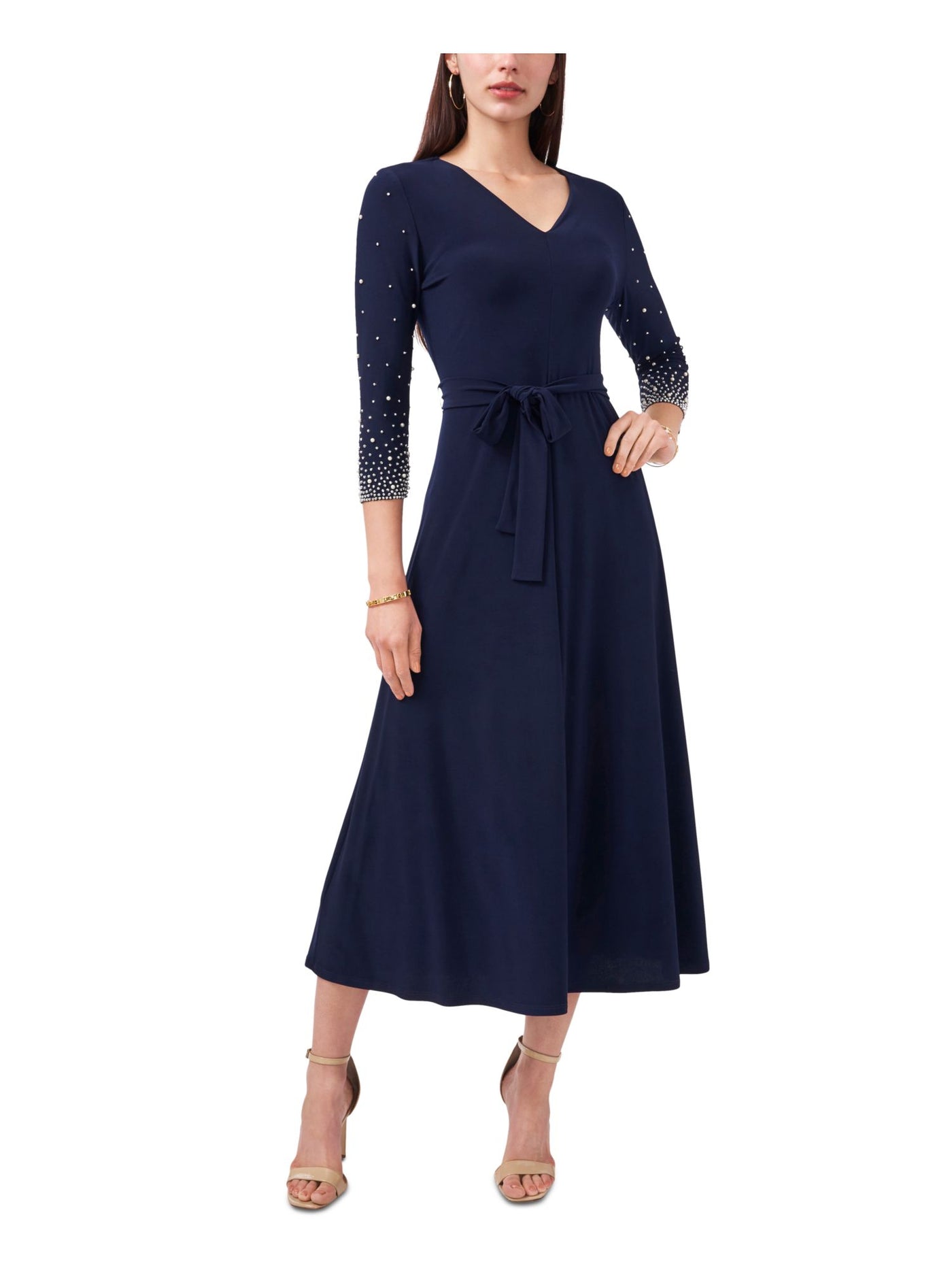 MSK Womens Navy Stretch Beaded Belted Jersey Knit Pullover Unlined 3/4 Sleeve V Neck Midi Fit + Flare Dress S