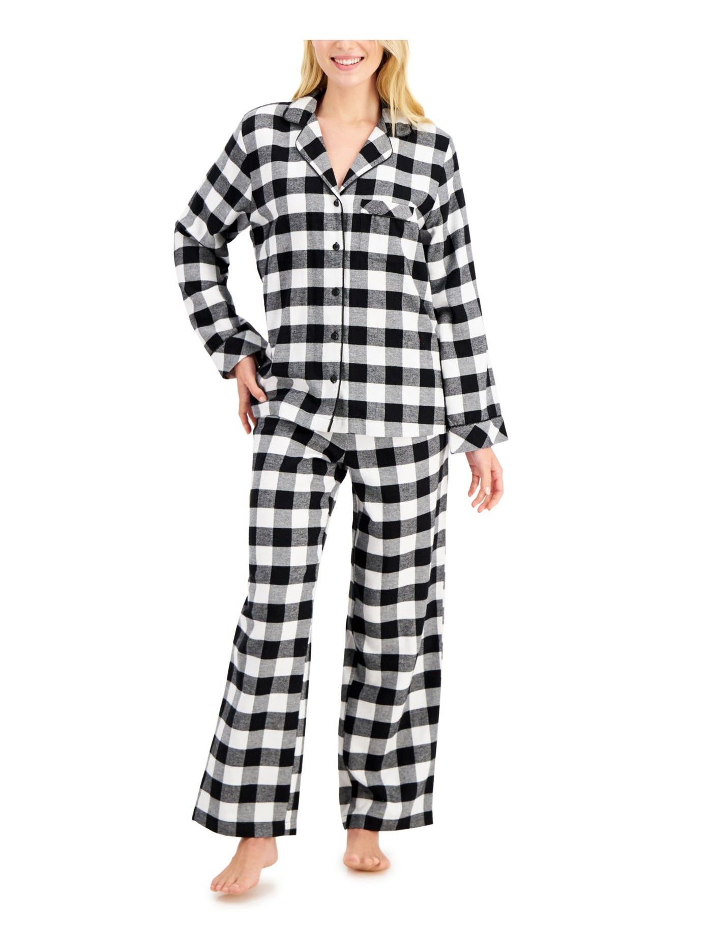 FAMILY PJs Womens Black Plaid Notched Collar Long Sleeve Button Up Top Straight leg Pants Flannel Pajamas XL