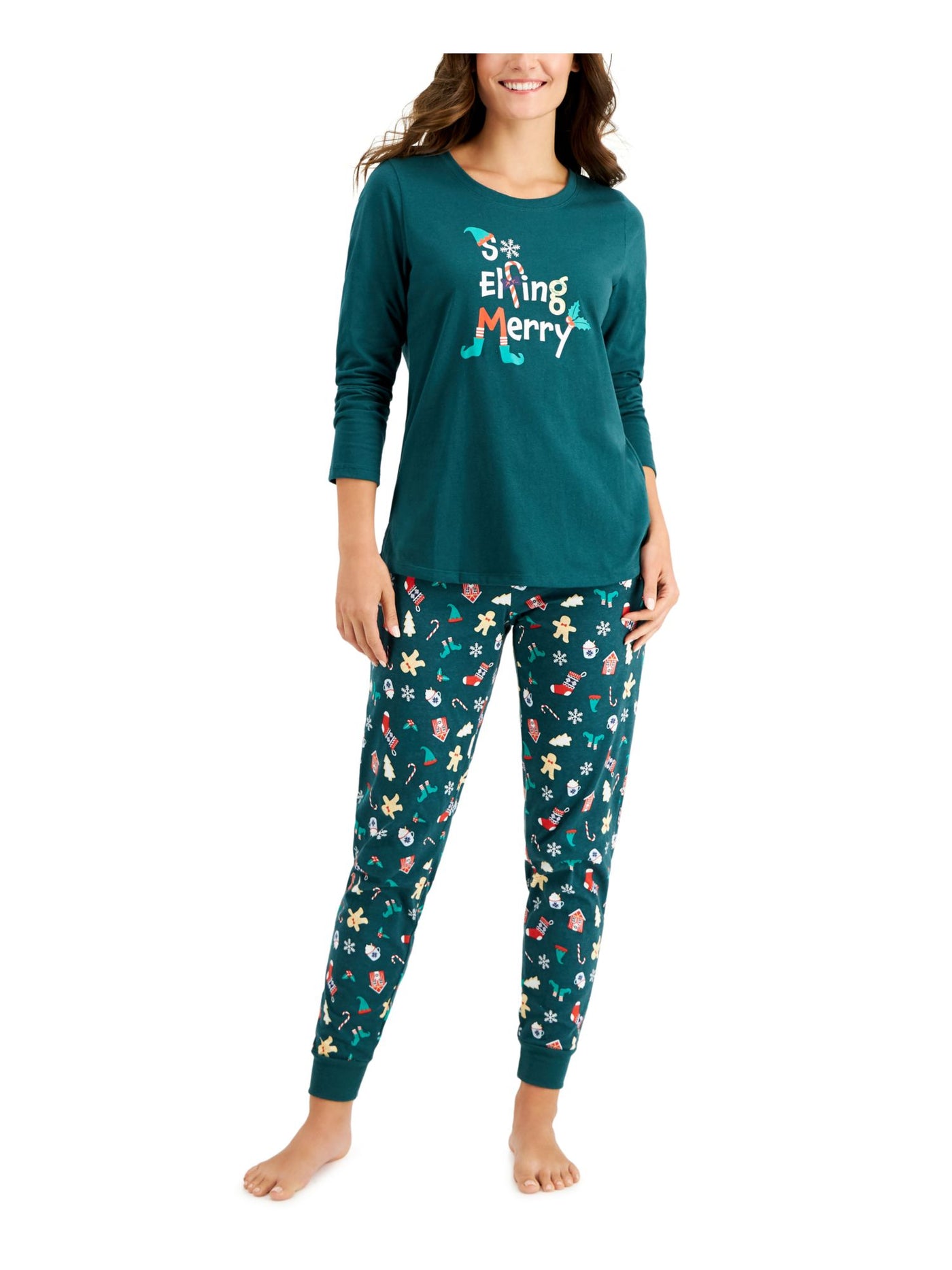 FAMILY PJs Womens Green Printed Top Long Sleeve Cuffed Pants Pajamas S