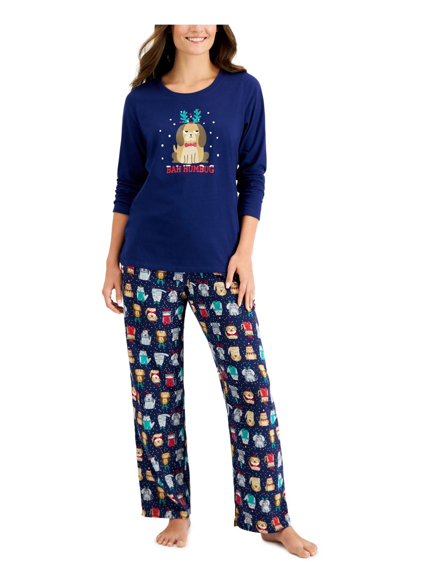 FAMILY PJs Womens Bah Humbug Navy Graphic Lightweight Long Sleeve T-Shirt Top Straight leg Pants Pajamas S
