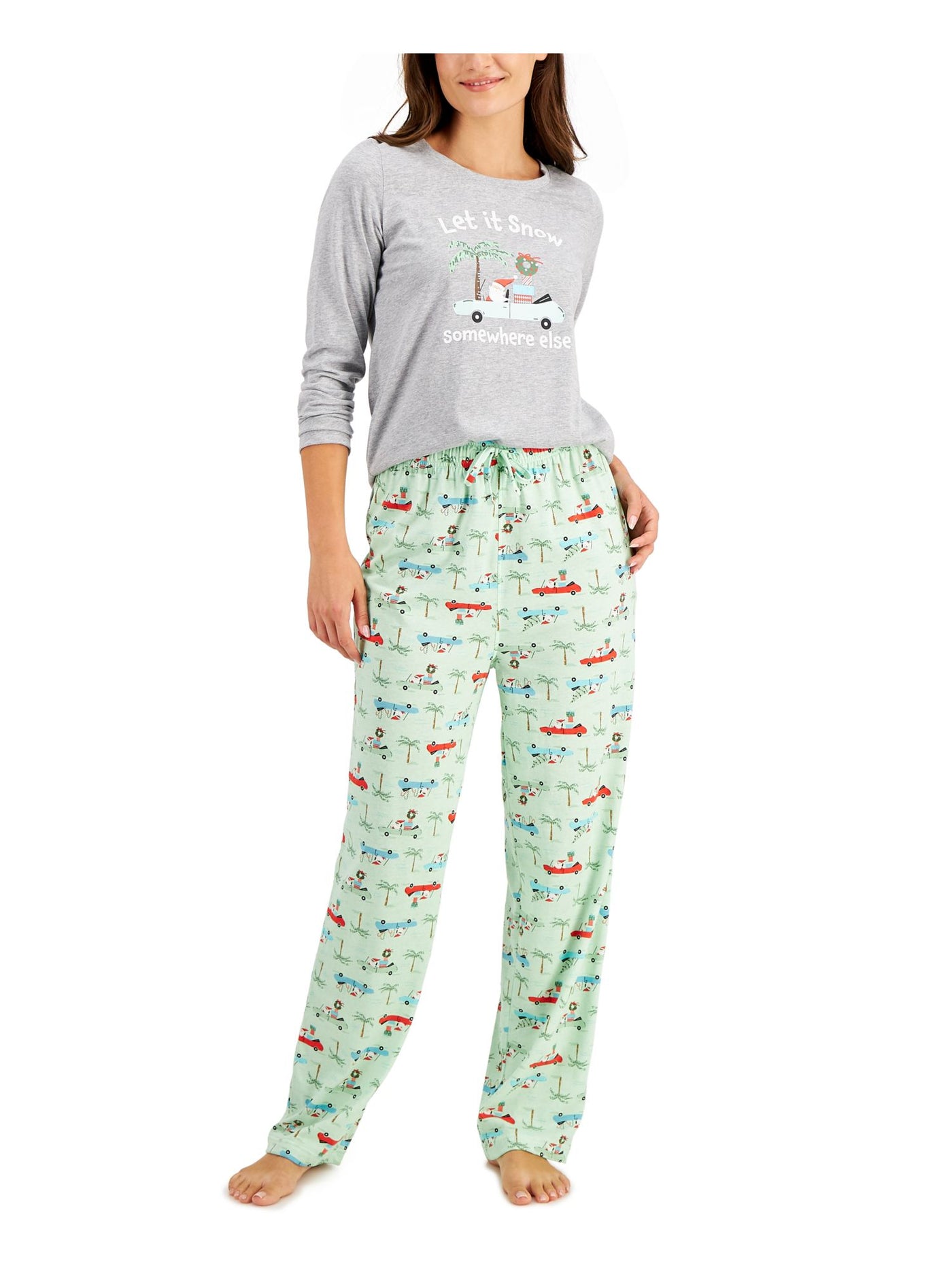 FAMILY PJs Womens Tropical Santa Green Graphic Elastic Band Long Sleeve T-Shirt Top Straight leg Pants Pajamas XXL