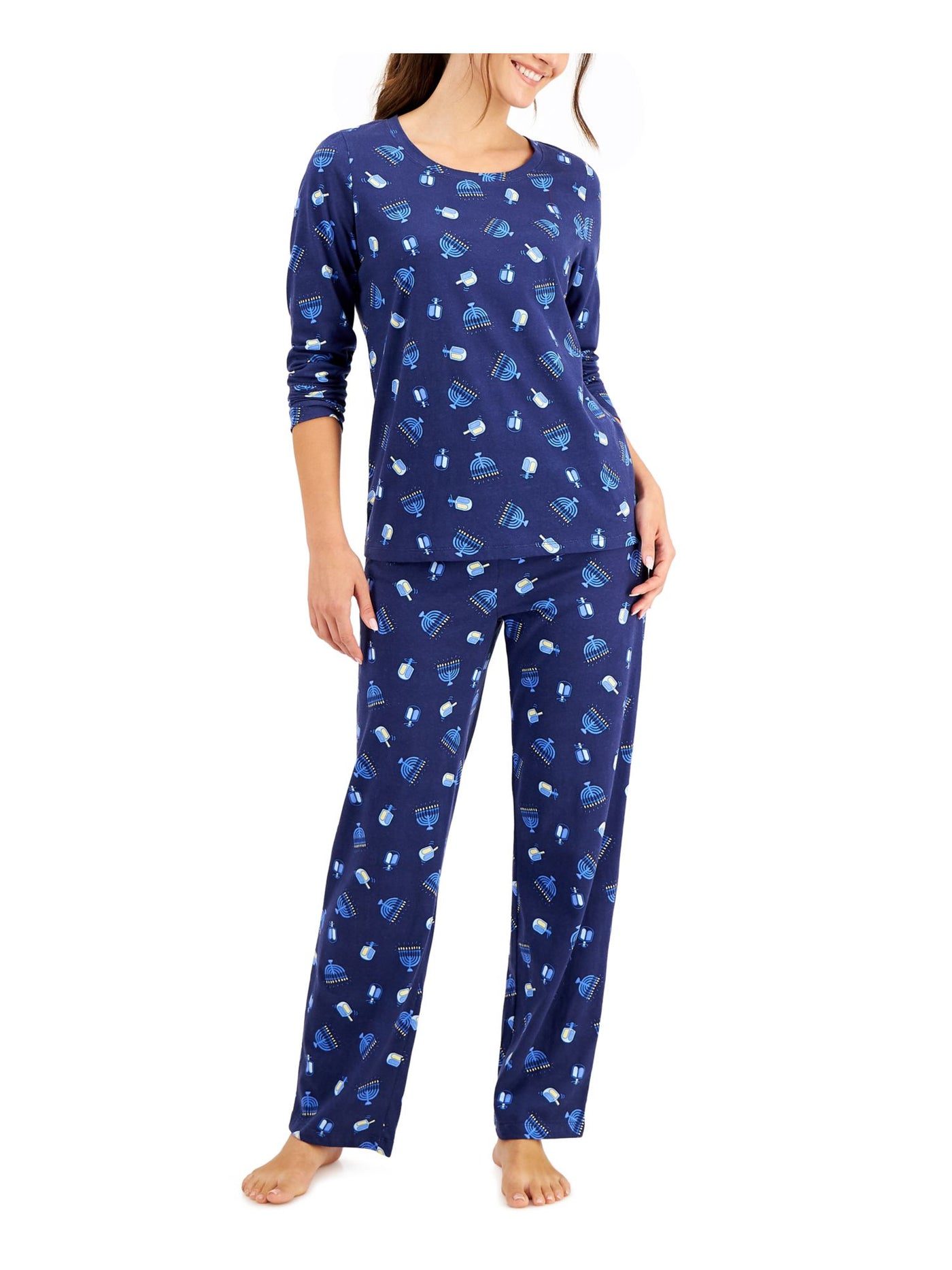 FAMILY PJs Womens Hanukkah Navy Printed Elastic Band Long Sleeve T-Shirt Top Straight leg Pants Pajamas S