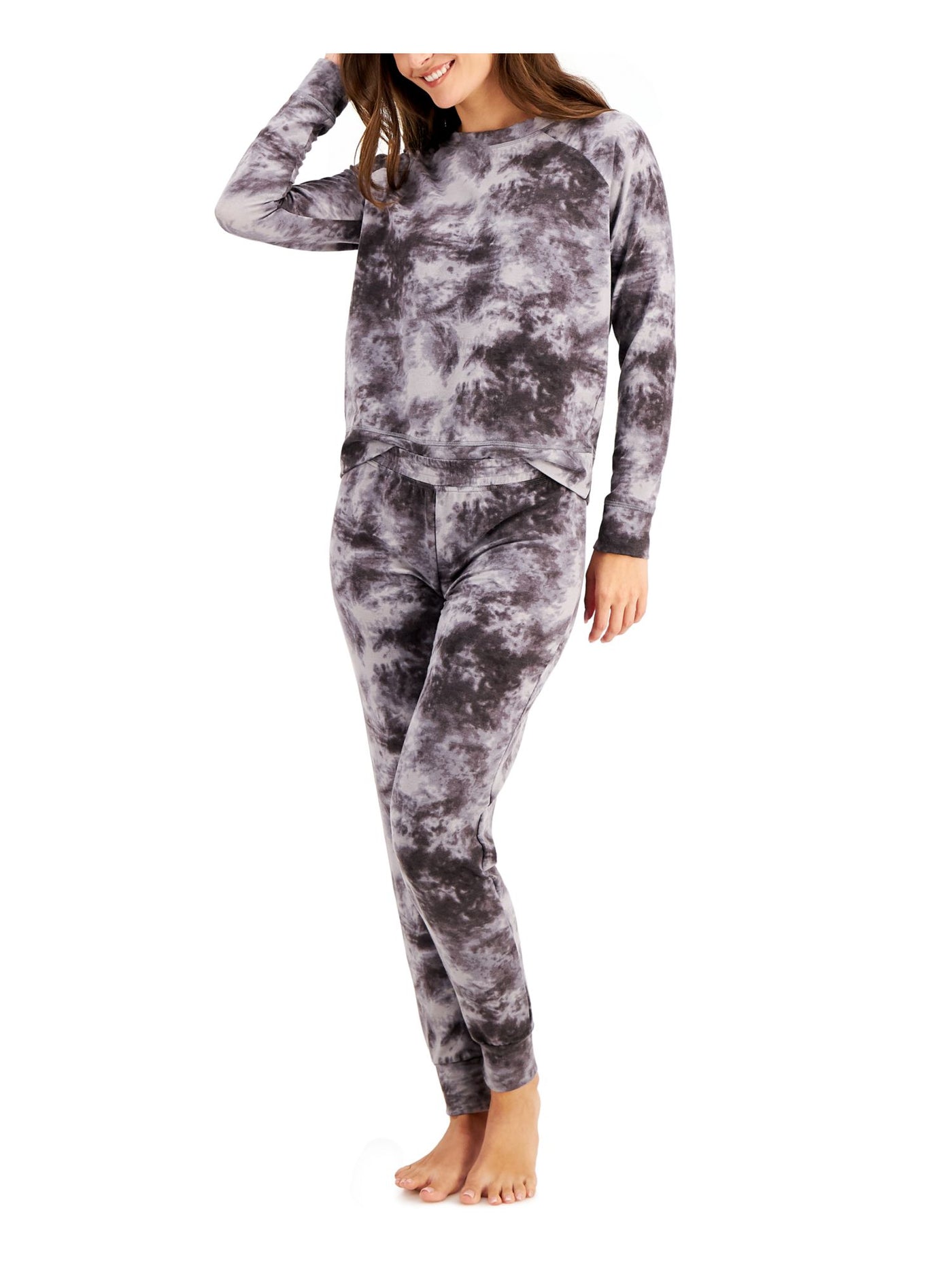 FAMILY PJs Womens Gray Tie Dye Long Sleeve T-Shirt Top Cuffed Pants Pajamas S