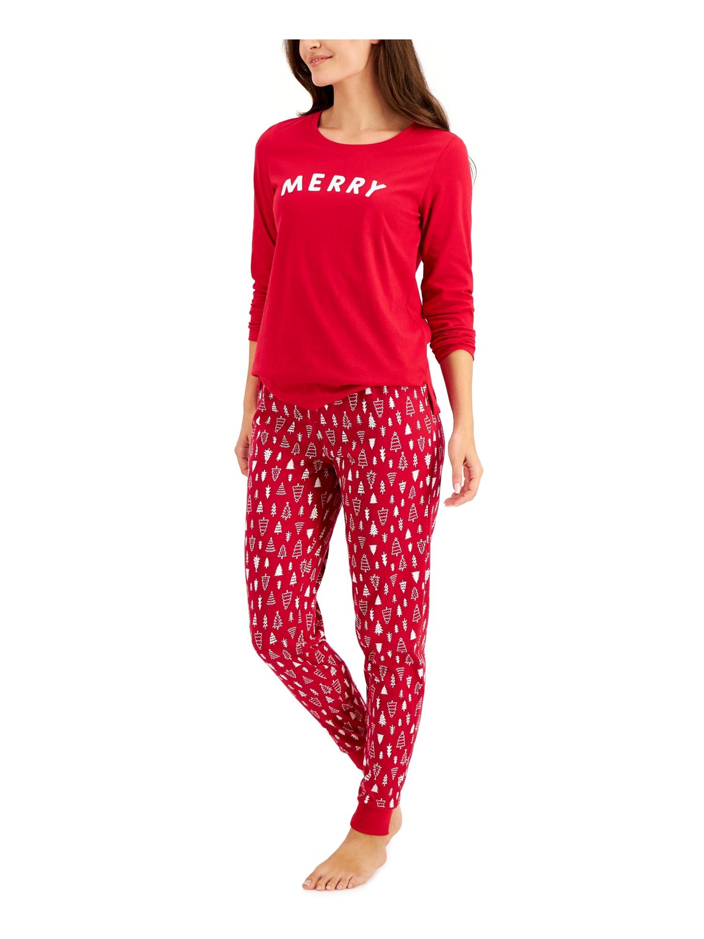 FAMILY PJs Womens Merry Red Graphic Elastic Band Long Sleeve T-Shirt Top Cuffed Pants Pajamas XS