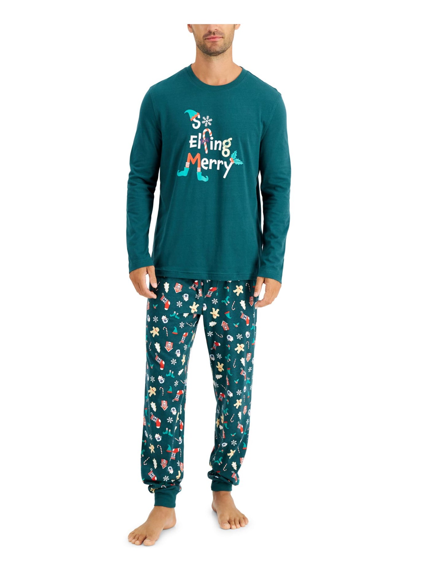 FAMILY PJs Mens So Elfing Merry Green Graphic Drawstring Long Sleeve T-Shirt Top Cuffed Pants Pajamas XXL