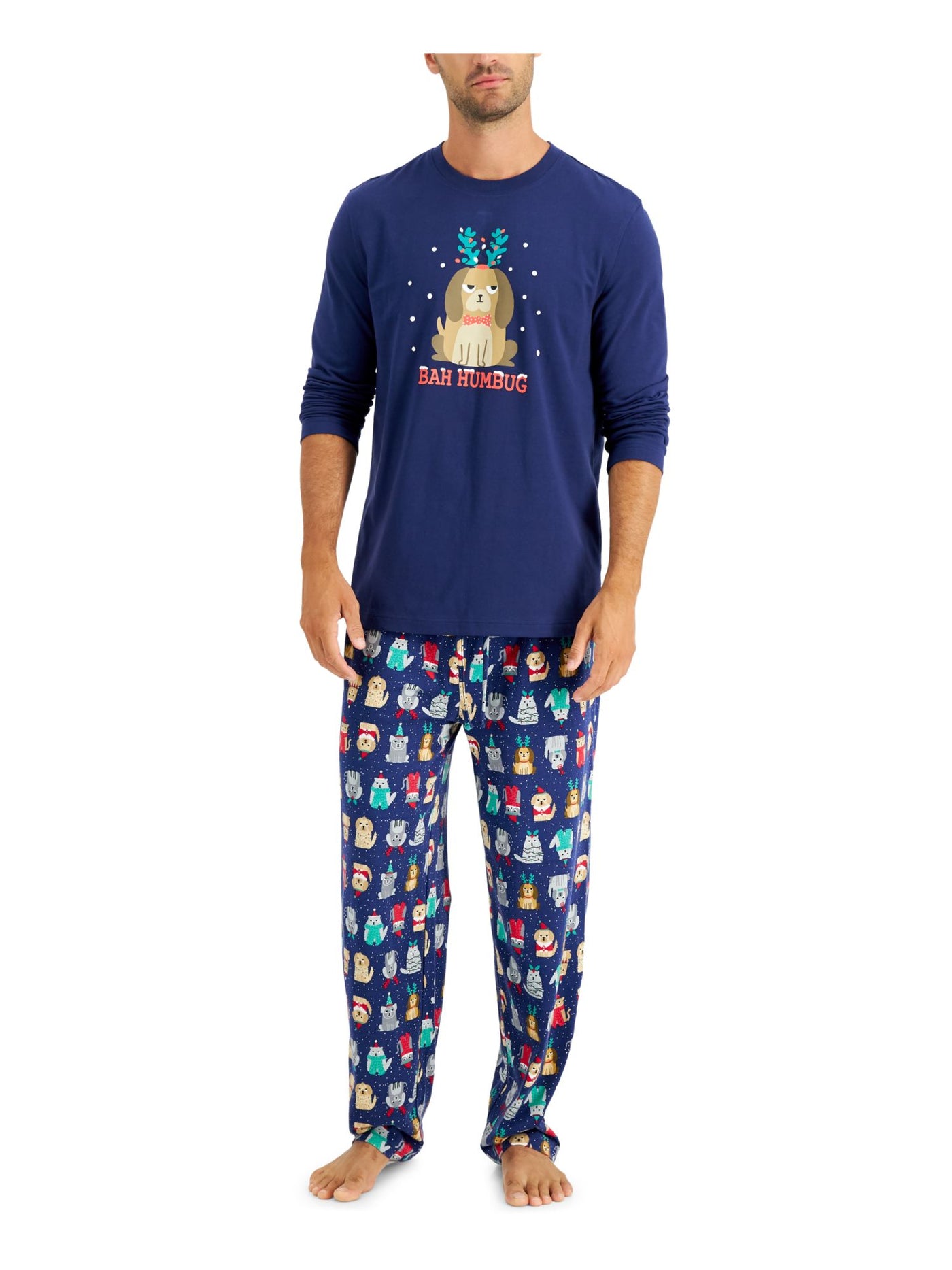 FAMILY PJs Mens Blue Printed Top Elastic Band Long Sleeve Straight leg Pants Pajamas Big & Tall 2XL Big