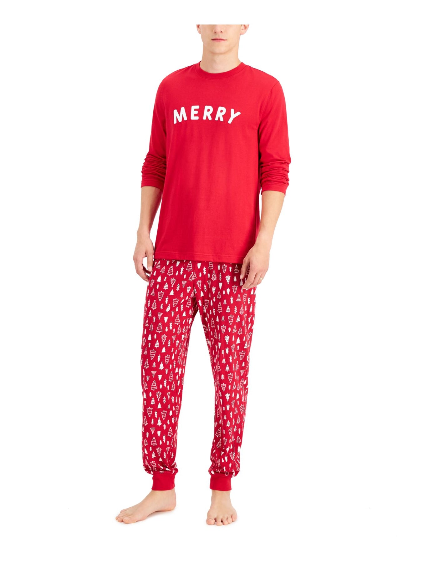 FAMILY PJs Mens Merry Red Printed Drawstring Long Sleeve T-Shirt Top Cuffed Pants Pajamas L