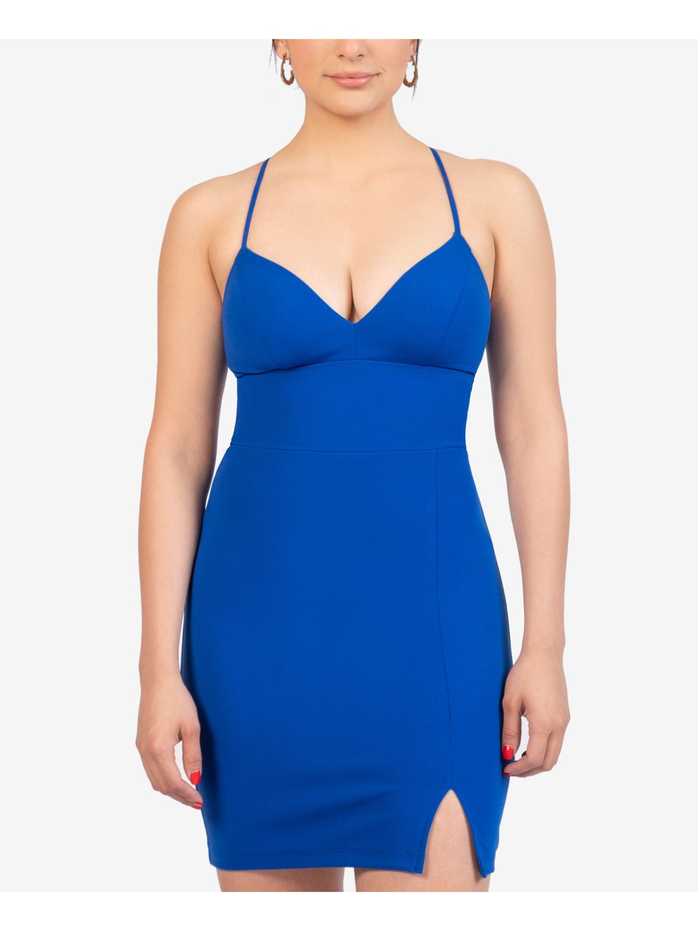 B DARLIN Womens Blue Stretch Spaghetti Strap V Neck Above The Knee Party Body Con Dress 0