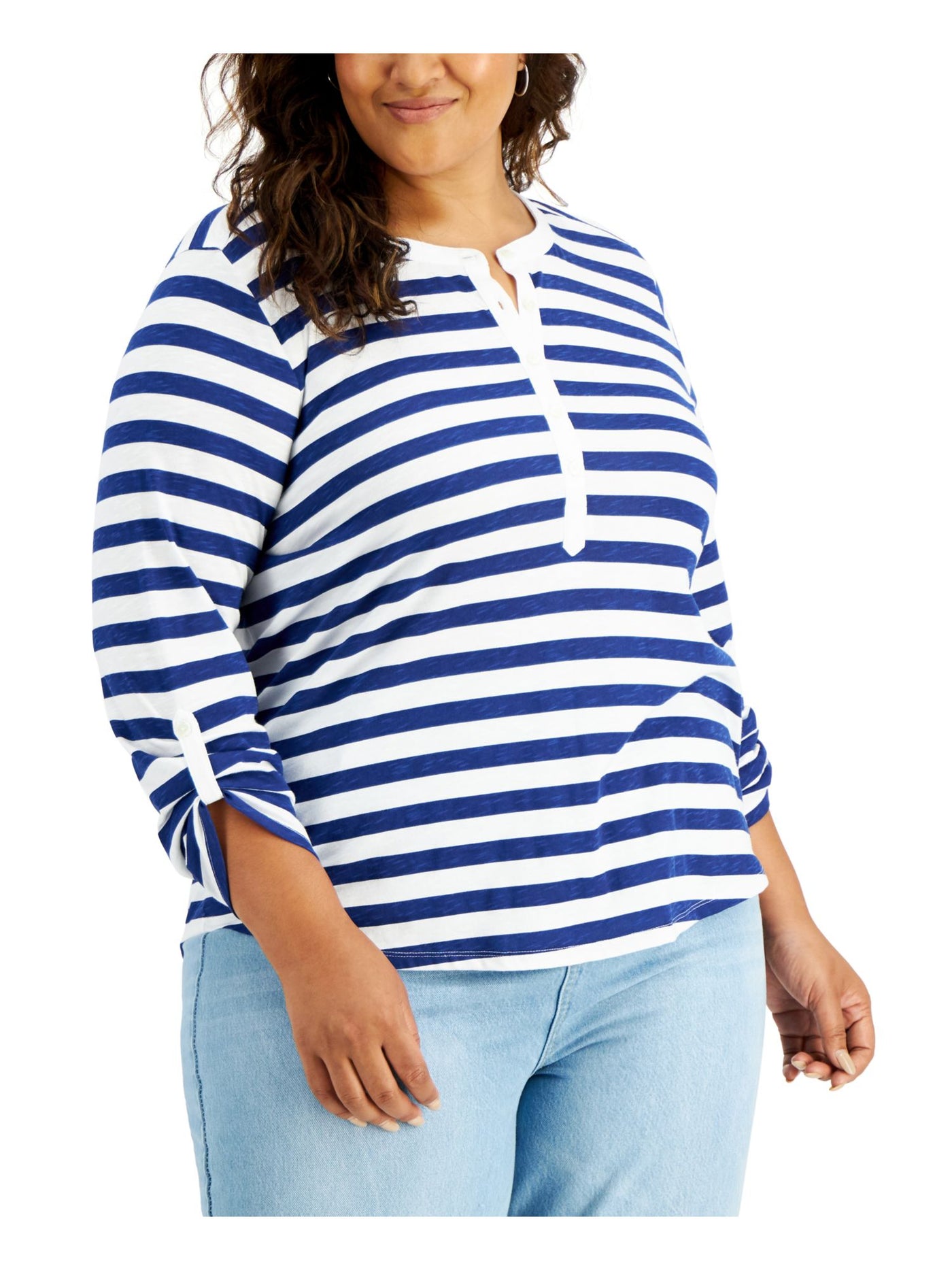 STYLE & COMPANY Womens Blue Striped Roll-tab Sleeve Crew Neck Top Plus 1X