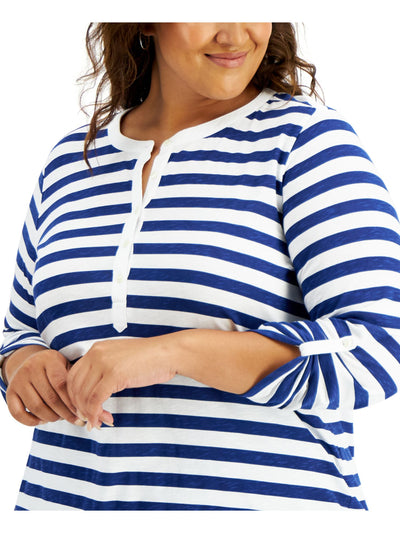 STYLE & COMPANY Womens Blue Striped Roll-tab Sleeve Crew Neck Top Plus 1X