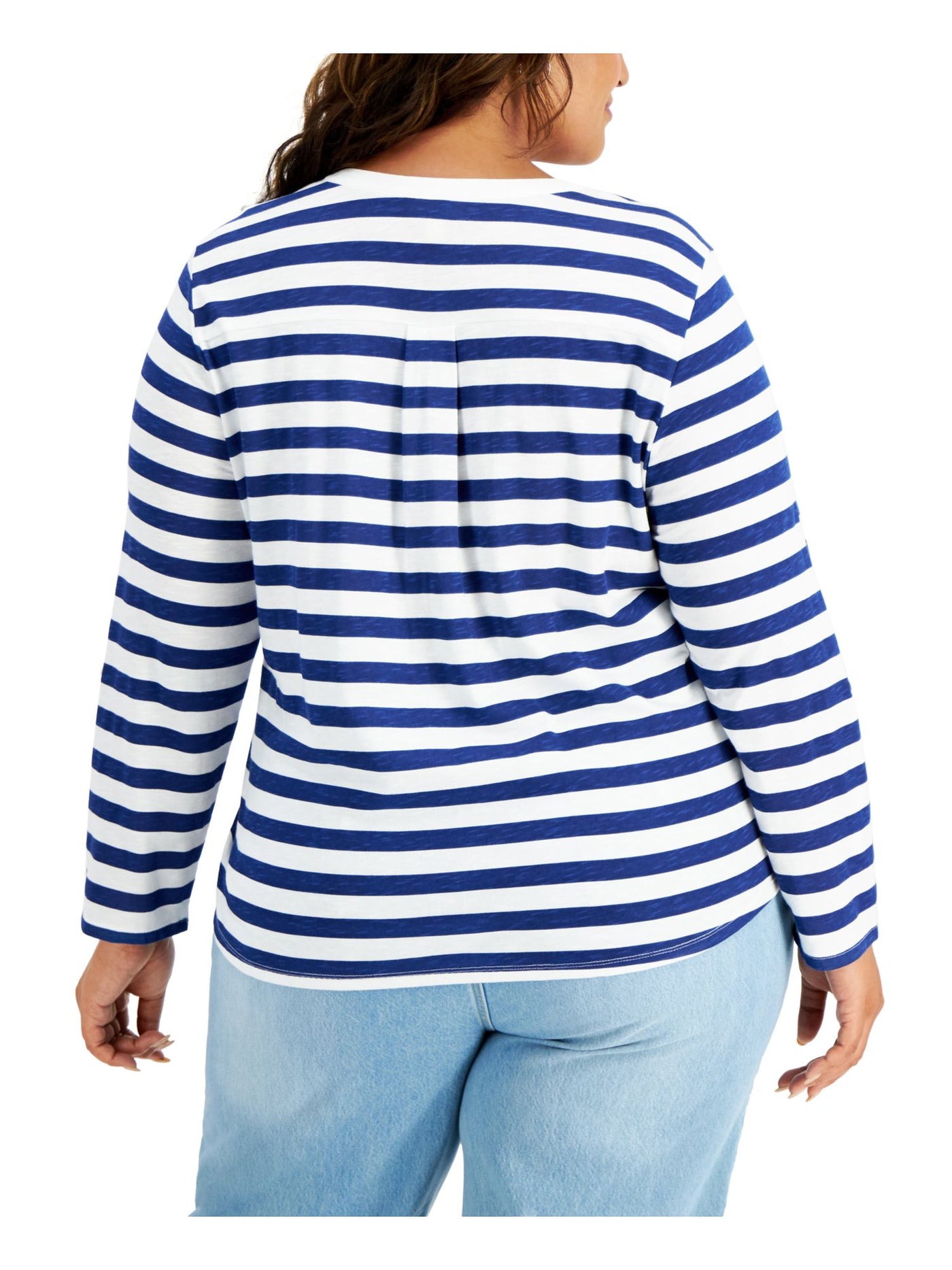 STYLE & COMPANY Womens Blue Striped Roll-tab Sleeve Crew Neck Top Plus 1X