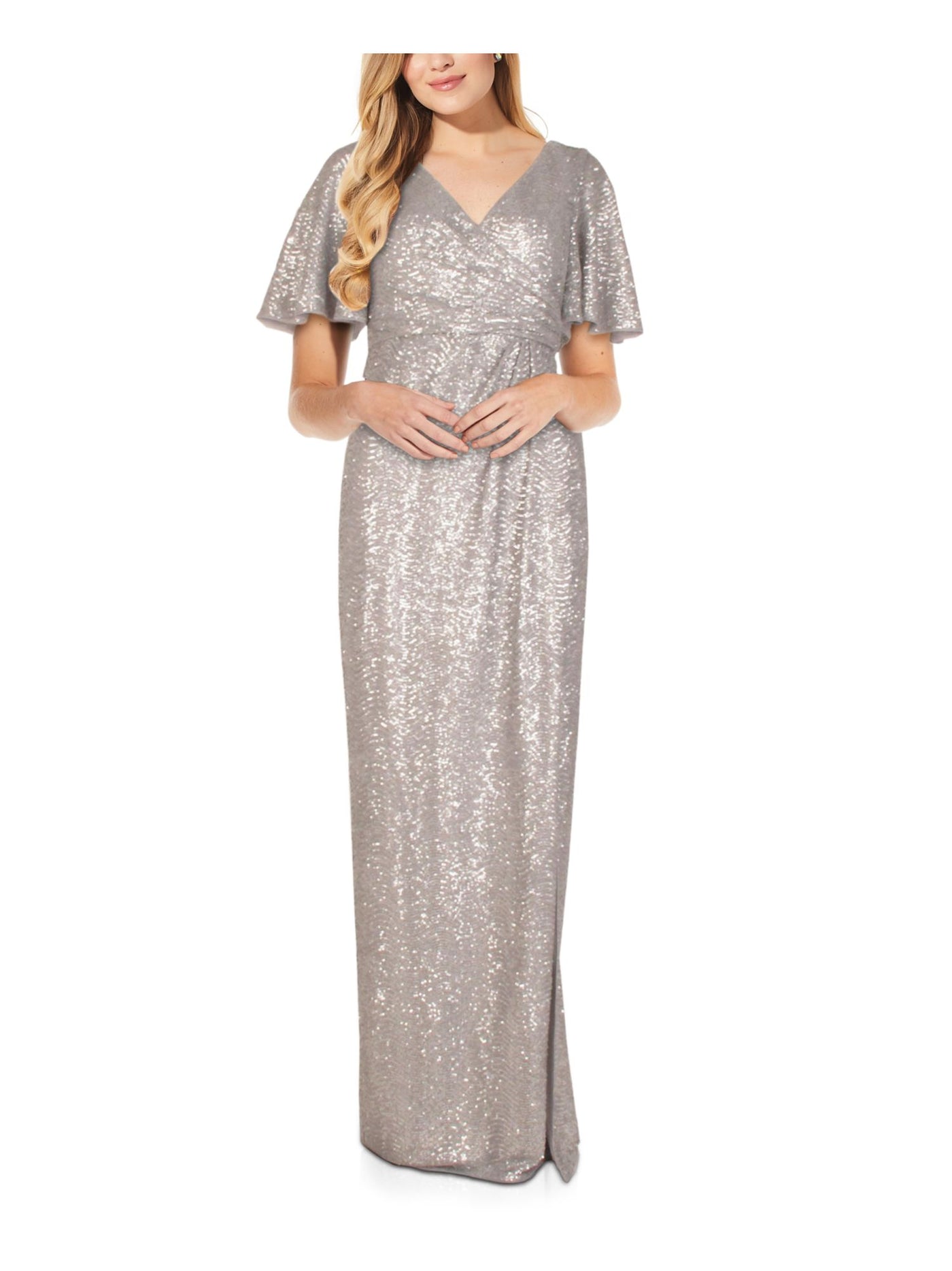 ADRIANNA PAPELL Womens Silver Short Sleeve Surplice Neckline Evening Gown Dress 12