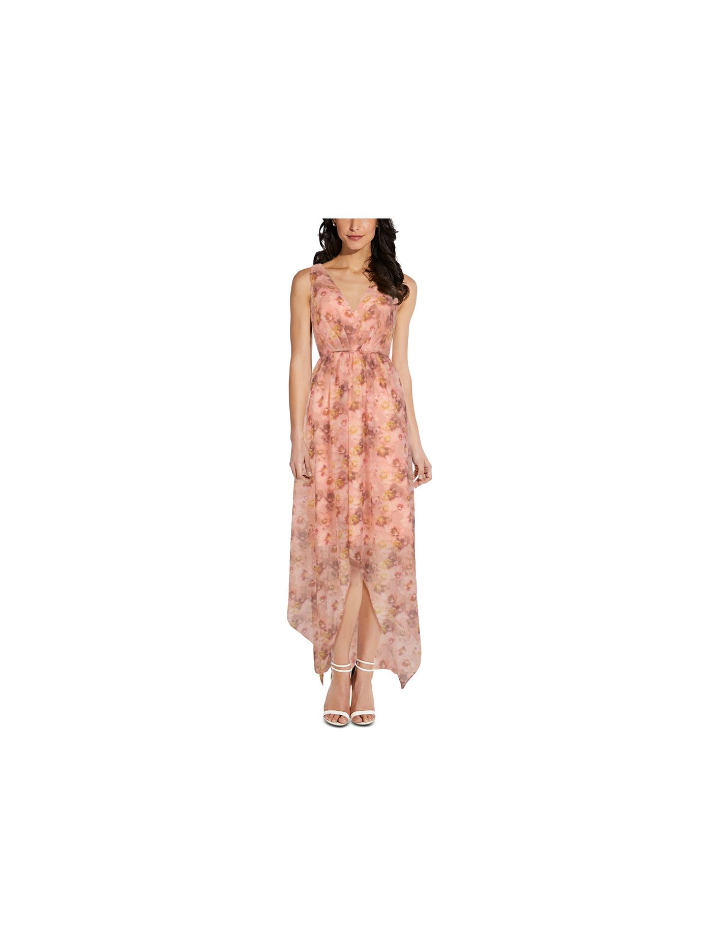 ADRIANNA PAPELL Womens Coral Zippered Tie High To Low Hem Floral Sleeveless V Neck Maxi Party Empire Waist Dress 4