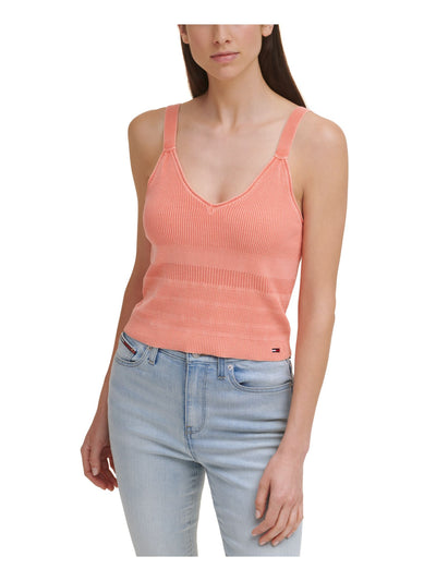 TOMMY JEANS Womens Coral Knit Ribbed Fitted Sleeveless V Neck Tank Sweater L