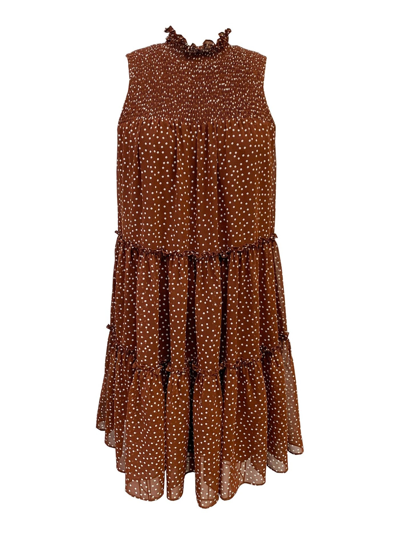 TAYLOR PETITE Womens Brown Smocked Sheer Lined Tiered Polka Dot Sleeveless Mock Neck Mini Shift Dress Petites 2P