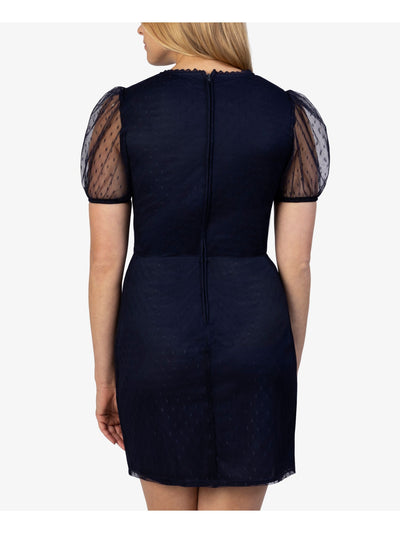 SPEECHLESS Womens Navy Zippered Sheer Dotted Mesh Pouf Sleeve Round Neck Short Evening Sheath Dress XXS