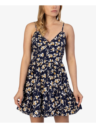 SPEECHLESS Womens Navy Stretch Ruffled Zippered Floral Spaghetti Strap V Neck Short Fit + Flare Dress Juniors XS