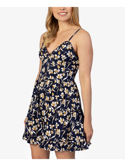 SPEECHLESS Womens Navy Stretch Ruffled Zippered Floral Spaghetti Strap V Neck Short Fit + Flare Dress L