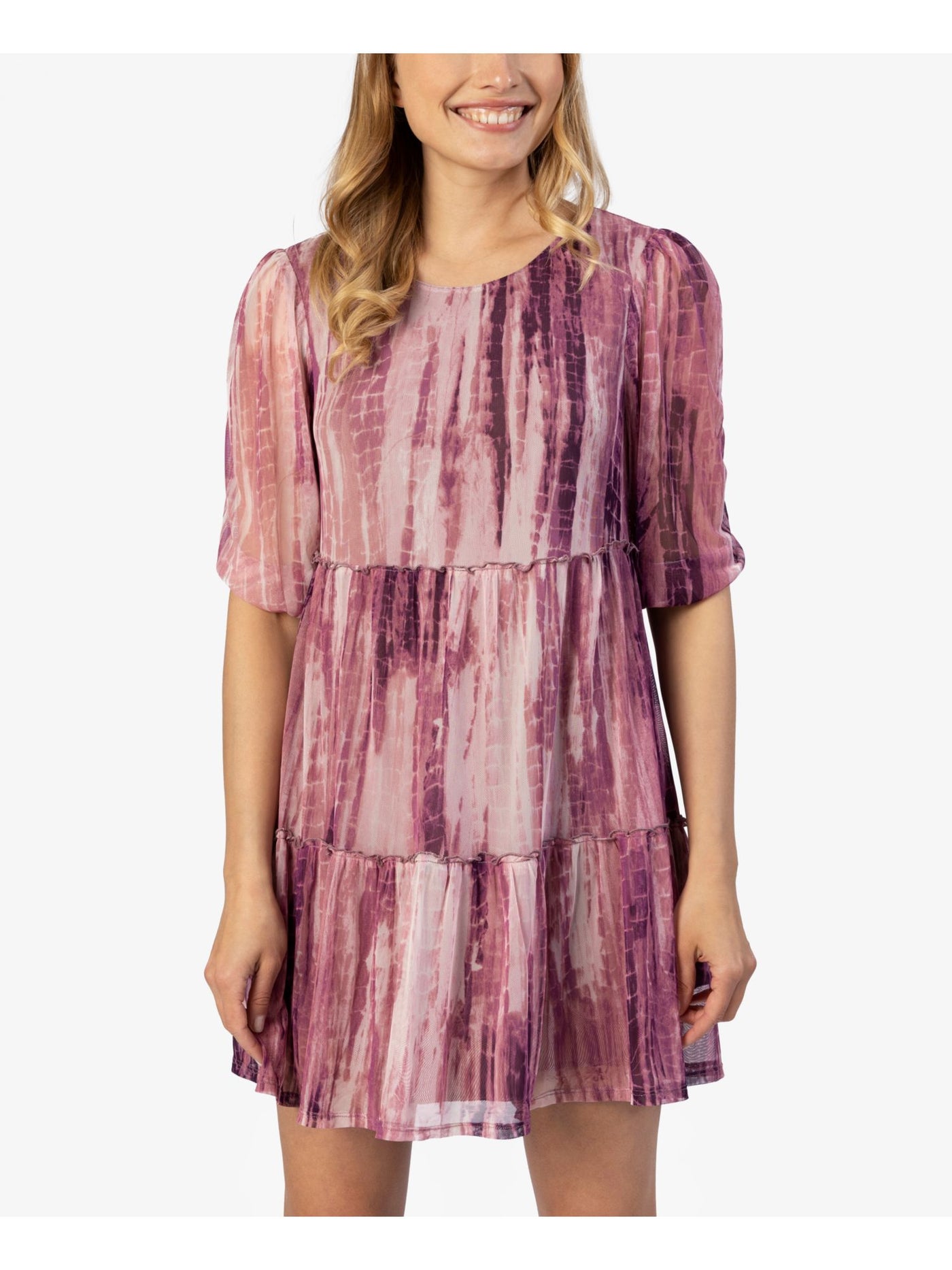 SPEECHLESS Womens Purple Stretch Tie Dye Round Neck Mini Shift Dress M