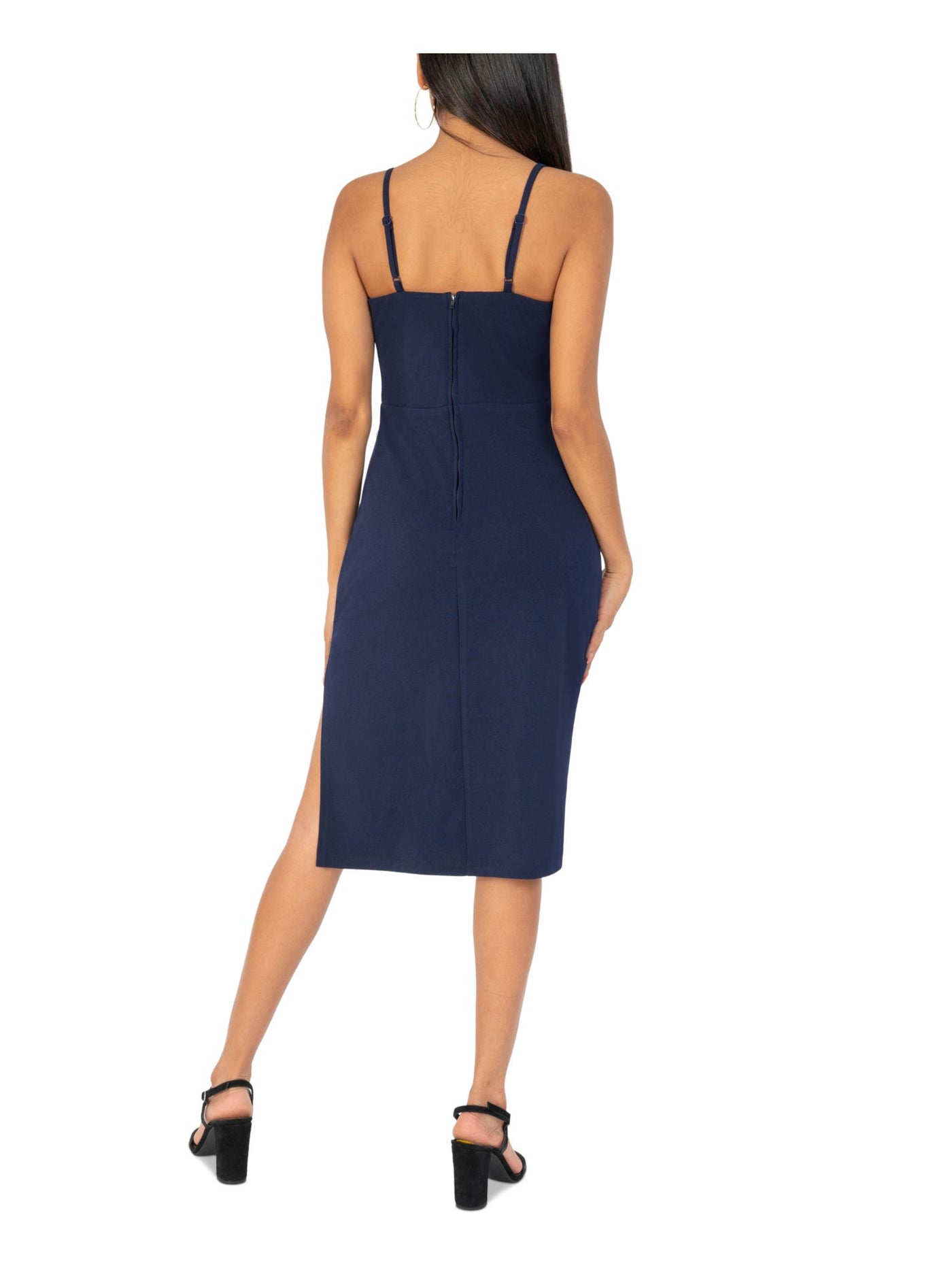 SPEECHLESS Womens Navy Stretch Cut Out Zippered Side Slit Spaghetti Strap Square Neck Below The Knee Party Body Con Dress M