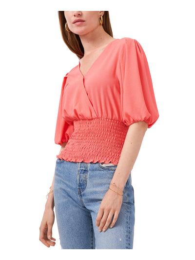 1. STATE Womens Coral Stretch Smocked Pleated Elbow Puff-sleeve Pouf Sleeve Surplice Neckline Top L