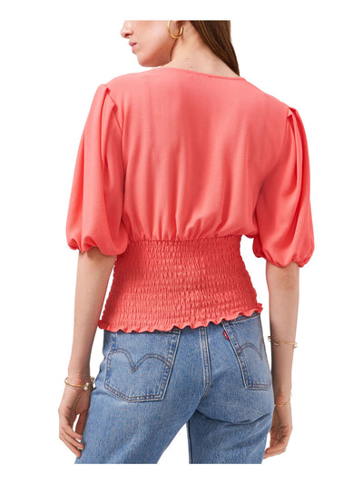 1. STATE Womens Coral Stretch Smocked Pleated Elbow Puff-sleeve Surplice Neckline Top XS