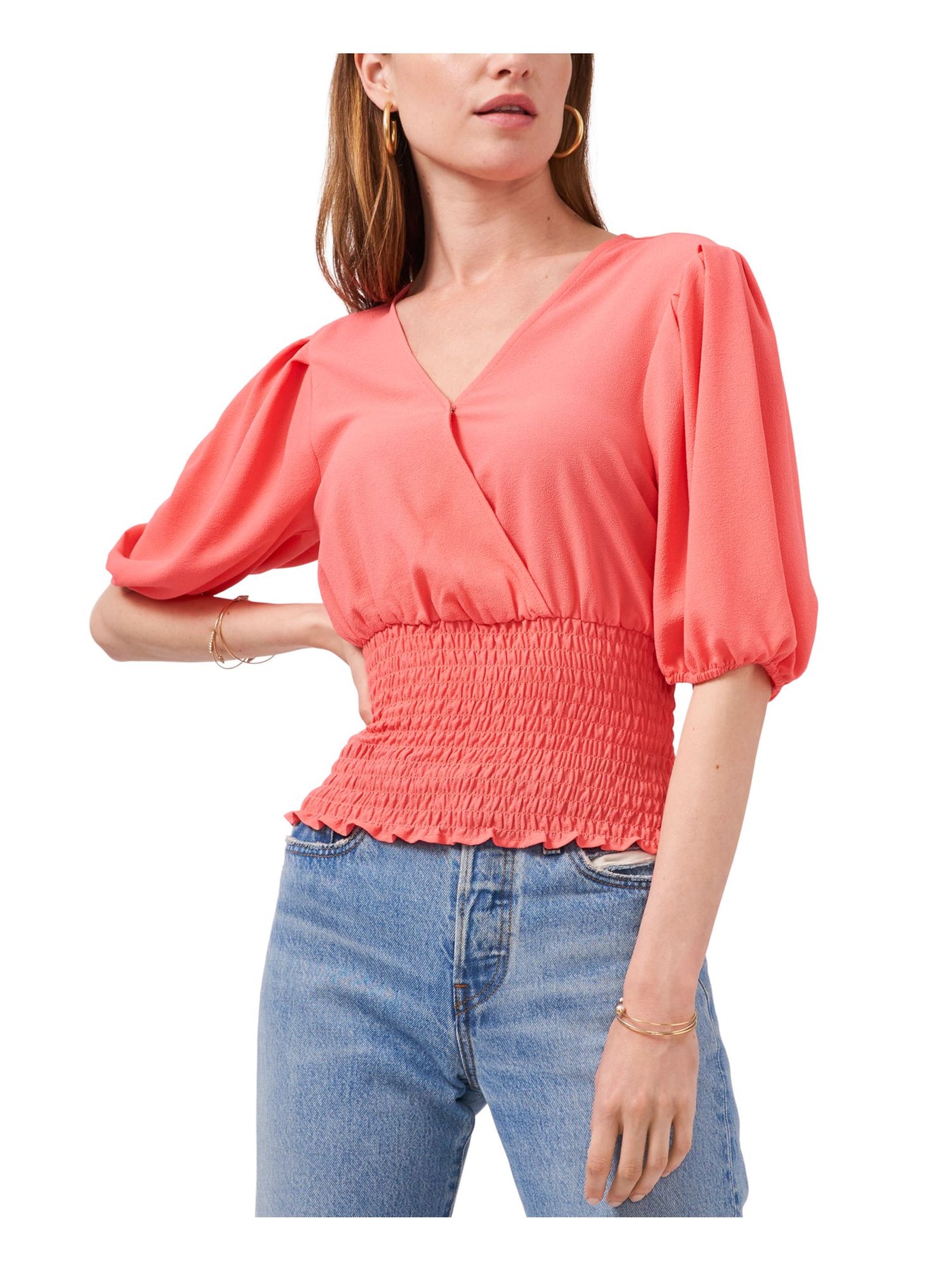 1. STATE Womens Coral Stretch Smocked Pleated Elbow Puff-sleeve Surplice Neckline Top XS