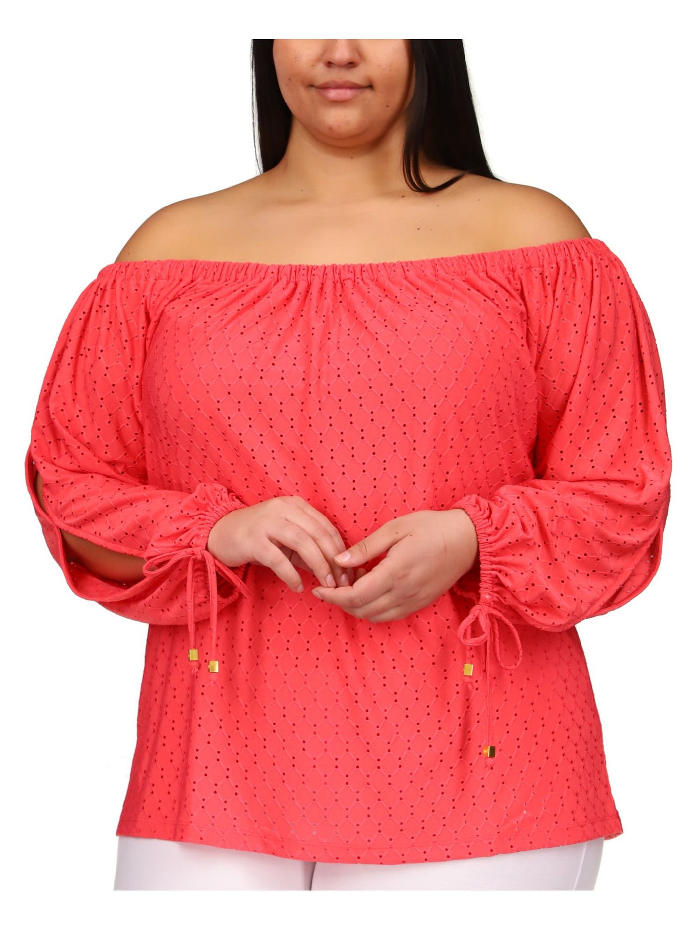 MICHAEL MICHAEL KORS Womens Pink Eyelet Tie Open Slit Logo Hardware Lined Long Sleeve Off Shoulder Evening Top Plus 3X