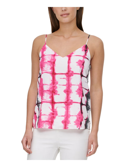 CALVIN KLEIN Womens White Tie Dye Spaghetti Strap V Neck Cami Top L