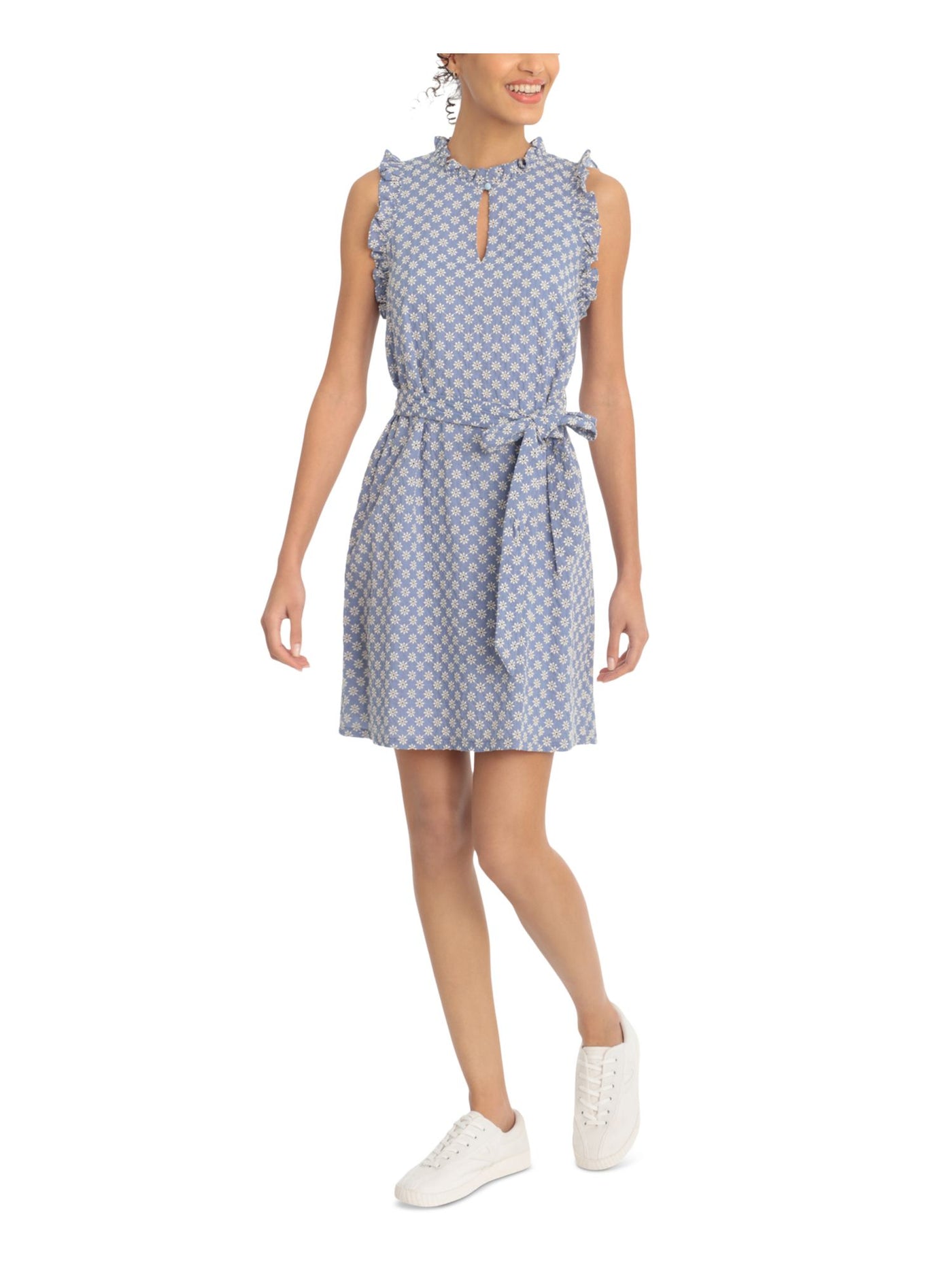 LONDON TIMES Womens Blue Sheer Floral Sleeveless Cowl Neck Midi Evening Fit + Flare Dress 10P