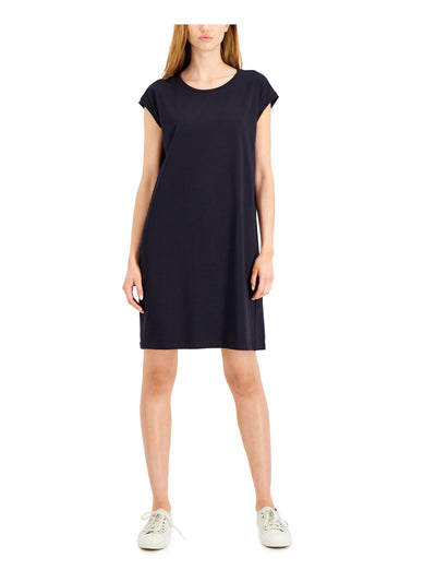 EILEEN FISHER Womens Navy Stretch Cap Sleeve Scoop Neck Short Shift Dress XXS