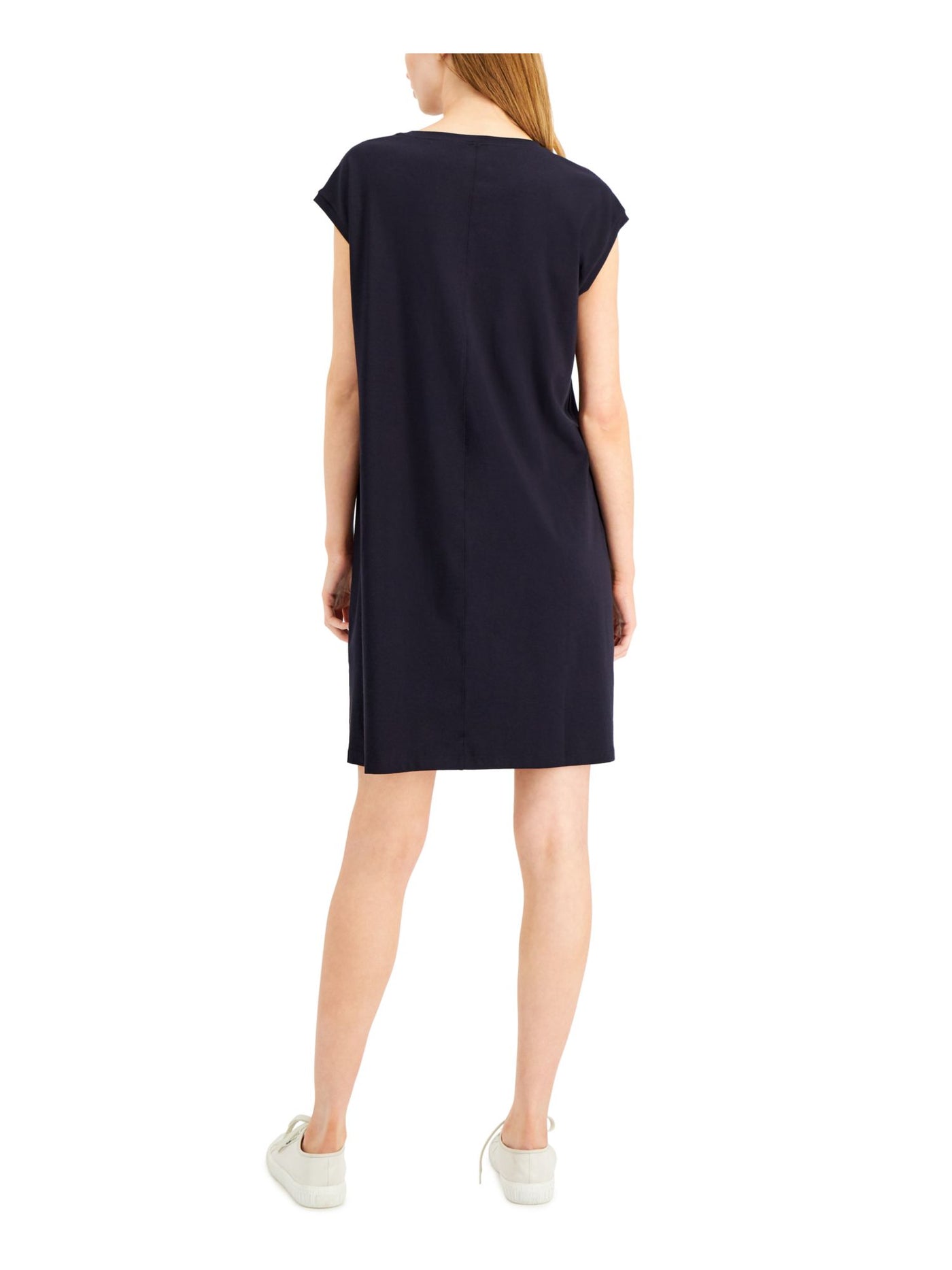 EILEEN FISHER Womens Navy Stretch Cap Sleeve Scoop Neck Short Shift Dress XXS