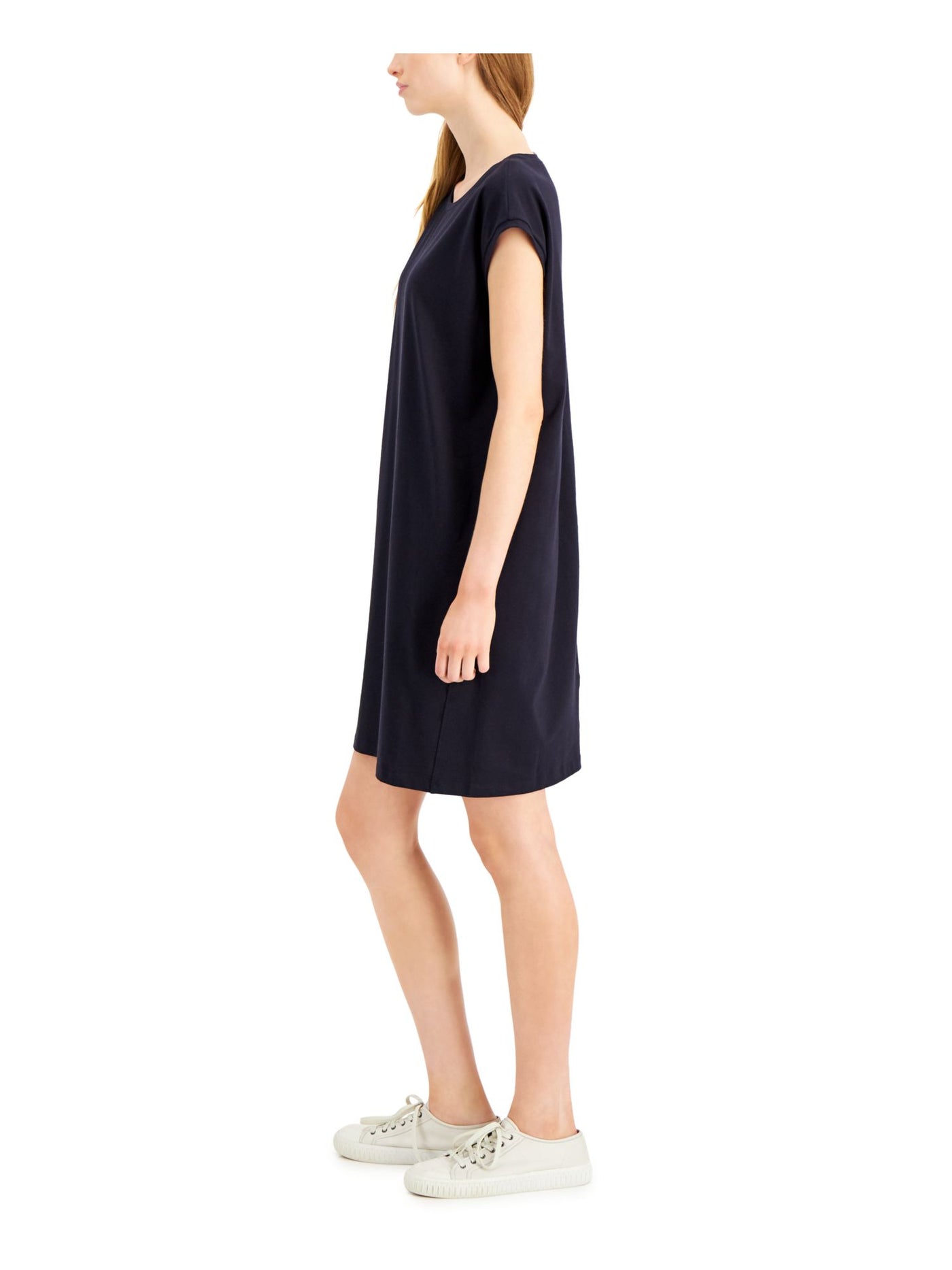 EILEEN FISHER Womens Navy Stretch Cap Sleeve Scoop Neck Short Shift Dress XXS