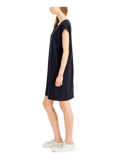 EILEEN FISHER Womens Navy Stretch Cap Sleeve Scoop Neck Short Shift Dress XXS